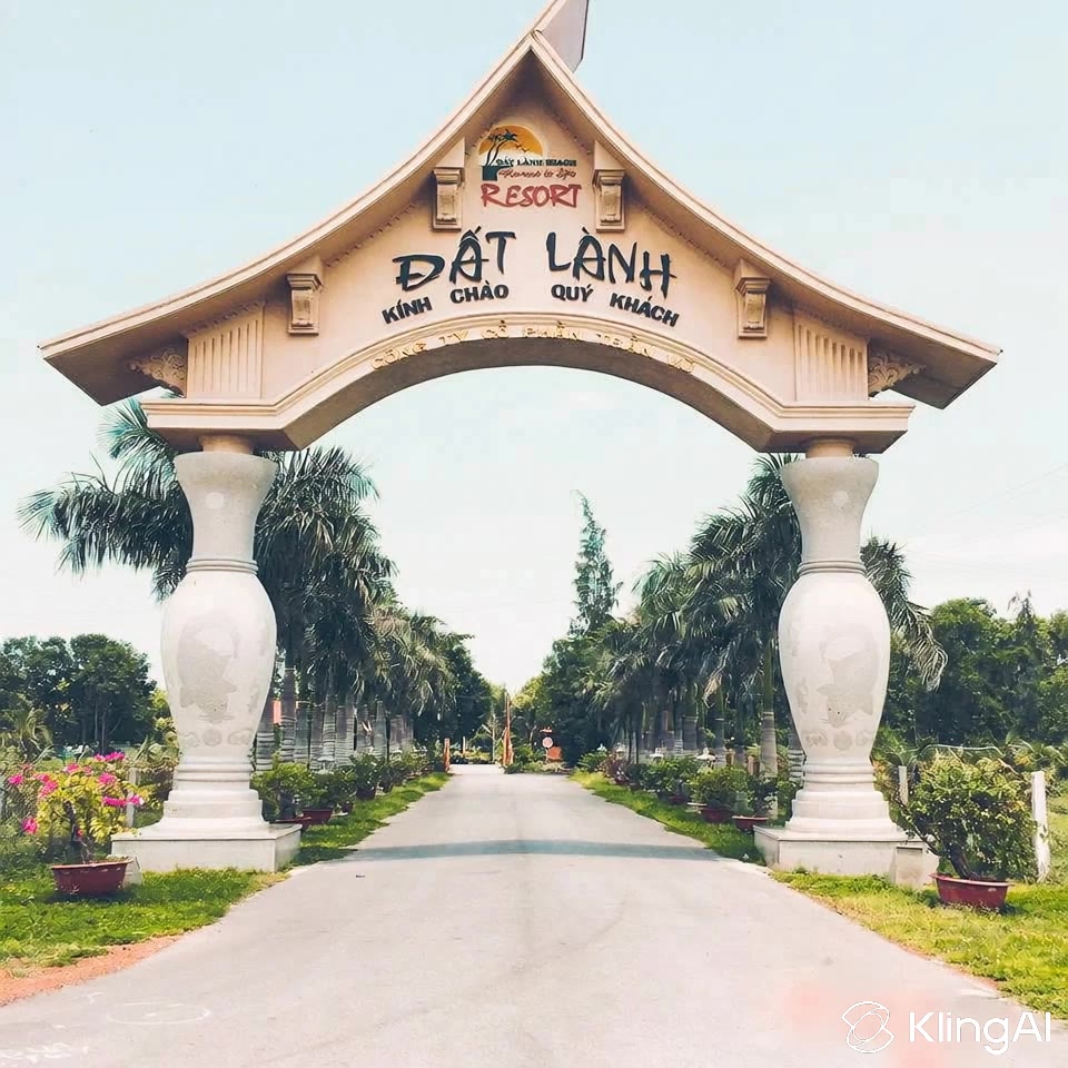 Cổng chào Đất Lành Beach Resort giữa hàng dừa